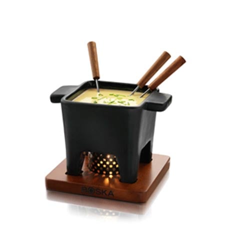 CERAMIC SQUARE TAPAS CHEESE FONDUE POT WITH MAHOGANY WOOD BOARD