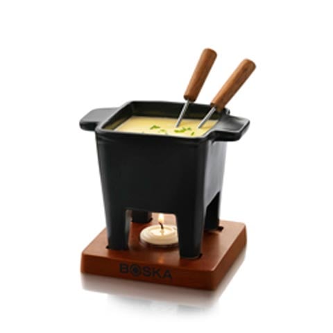 CERAMIC SQUARE TAPAS CHEESE FONDUE POT WITH MAHOGANY WOOD BOARD