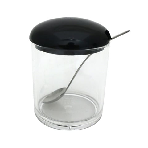 PLC RD SUGAR/JAM CONTAINER WITH SPOON, BLACK, Ø7.5xH10cm