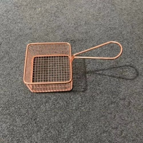Stainless Steel Square Serving Basket With Handle L10xW10xH6cm, Rose Gold