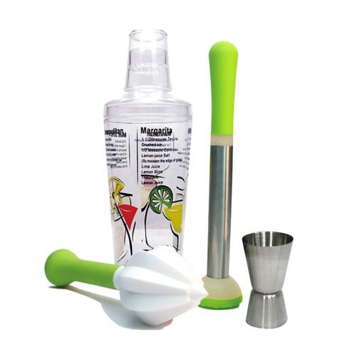 4PCS COCKTAIL SET (SHAKER w/GRAPHIC & SCALE PRINTING, COCKTAIL MUDDLER, CITRUS REAMER, JIGGER 2CL/3CL, ASSORTED COLOUR)