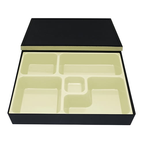 ABS BENTO BOX w/LID, 5 COMPARTMENT w/BEIGE INSERT & BEIGE BANDING