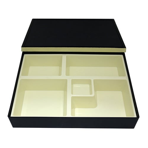 ABS BENTO BOX w/LID, 5 COMPARTMENT w/BEIGE INSERT & BEIGE BANDING