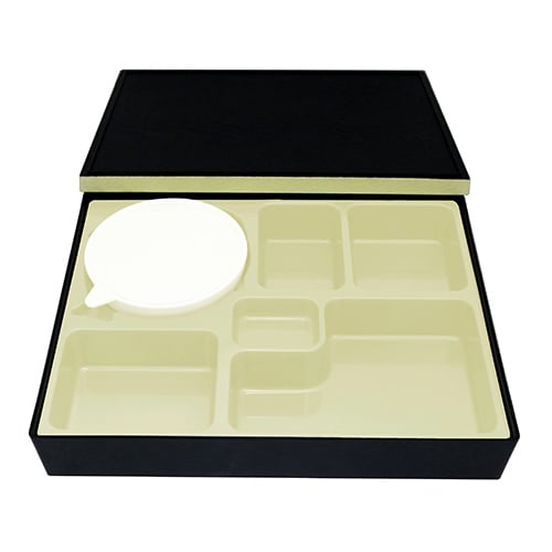 ABS BENTO BOX w/LID, 5 COMPARTMENT & BOWL w/BEIGE INSERT & BEIGE BANDING