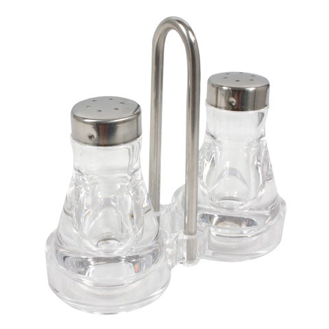 ACRYLIC SALT & PEPPER SHAKER w/LONG HDLE STAND, 13x5.5x12cm, 2x35ml, CLEAR