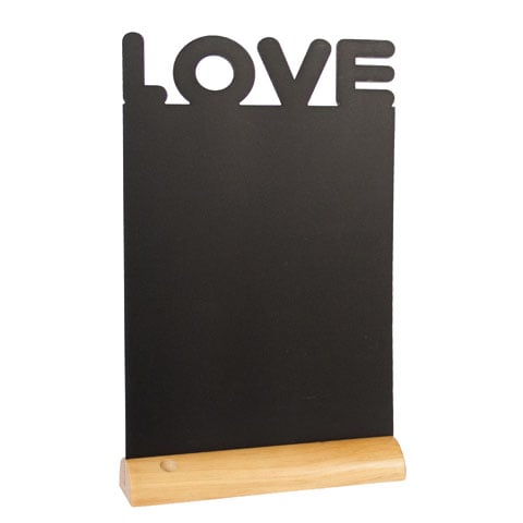 LOVE-SHAPED SILHOUETTE TABLE CHALK BOARD with Wooden BASE (INCLUDES WHITE LIQUID CHALK MARKER)