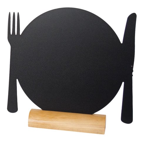 PLATE-SHAPED SILHOUETTE TABLE CHALK BOARD with Wooden BASE (INCLUDES WHITE LIQUID CHALK MARKER)