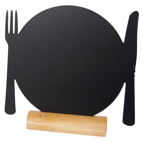 PLATE-SHAPED SILHOUETTE TABLE CHALK BOARD with Wooden BASE (INCLUDES WHITE LIQUID CHALK MARKER)