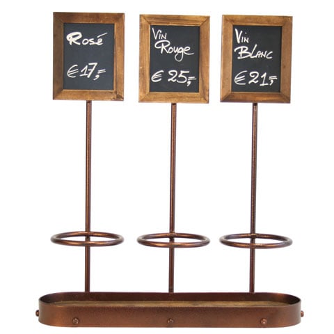 STEEL TRIPLE WINE BOTTLE DISPLAY w/CHALK BOARD