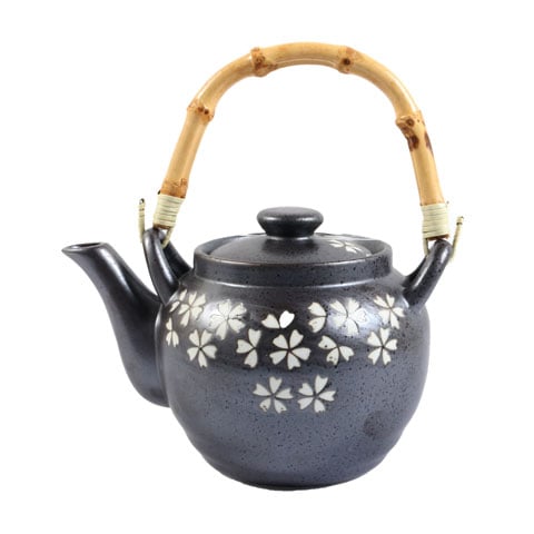 PORC JAP TEAPOT WITH CANE HANDLE Ø9.5xH11cm, 1L, BLACK/WHITE FLOWER PRINT