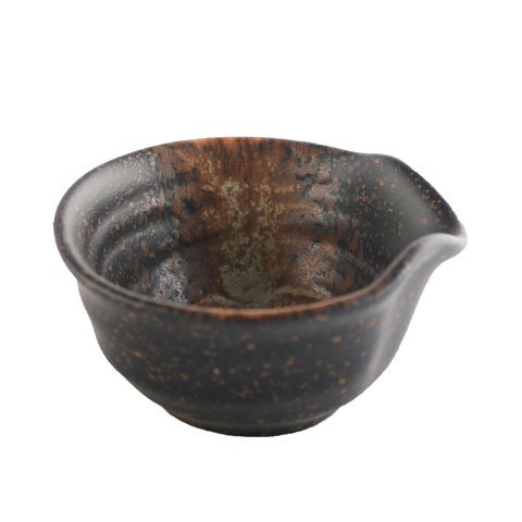 STONEWARE SAUCE BOWL w/LIP L8.5xW9xH5cm, BROWN/STRIPE STONE