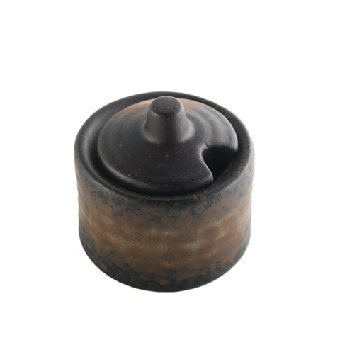 STONEWARE CONDIMENT POT Ø6.5xH5cm, BROWN/STRIPE STONE