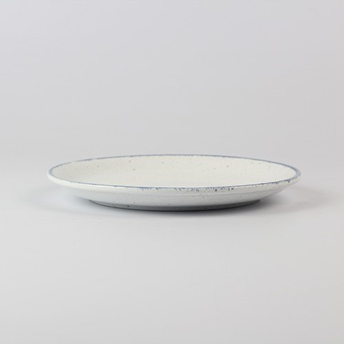 PORCELAIN ROUND COUPE PLATE Ø8", SPECKLED WHITE WITH BLUE RIM