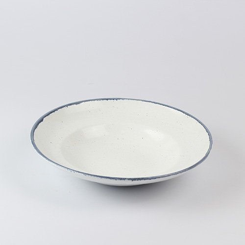 PORCELAIN PASTA PLATE Ø11", SPECKLED WHITE WITH BLUE RIM