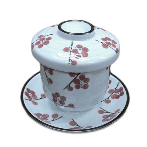 PORC CHAWANMUSHI CUP WITH LID & SAUCER Ø7.5xH7.2cm, 0.19L, WHITE/RED FLOWER PRINT