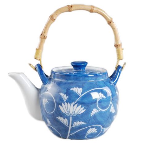 PORC JAP TEAPOT WITH CANE HANDLE Ø9.5xH11cm, 1L, BLUE/WHITE FLOWER PRINT