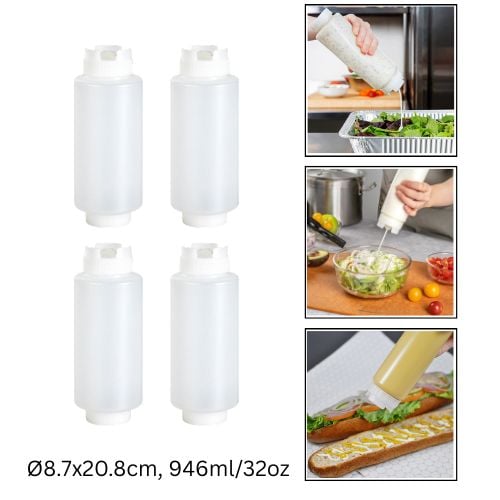 Safico Pro Polyethylene Dual-Way Fifo Squeeze Bottle Ø8.7X20.8cm, 946Ml/32Oz, Translucent, 4Pcs/Pkt