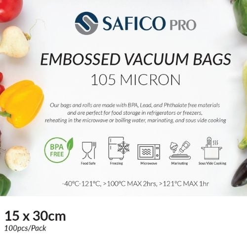 Safico Pro 105 Micron Embossed Vacuum Bags 15x30cm, -40°/+121°C, 50pcs/pack, 20packs/ctn