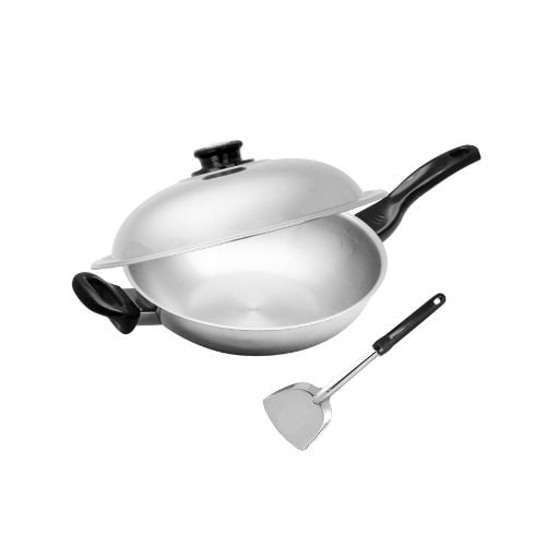 Zebra Stainless Steel Wok With Bakelite Handle & Capsule Base 28cm With Stainless Steel Turner With Bakelite Handle, Extra Plus
