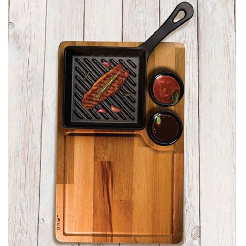 Lava Cast Iron Square Mini Grill Skillet With Wooden Serving Tray 160mm, Eco