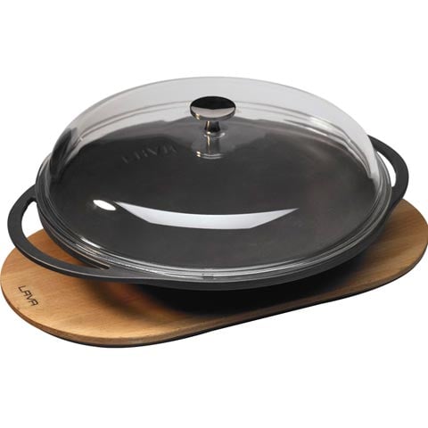 Lava Cast Iron Turkish Wok With Glass Lid & Metal Handle & Wooden Platter Ø28cm, 1.22L, Black, Eco