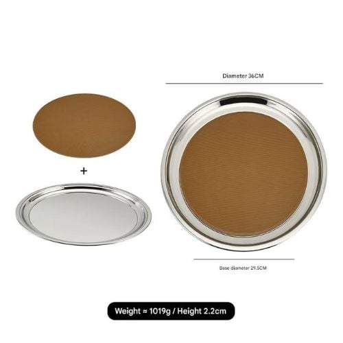 Stainless Steel 201 Round Service Tray With Silicone Mat Ø36xH1cm, Mirror Finishing