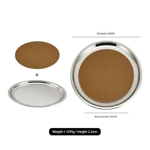 Stainless Steel 201 Round Service Tray With Silicone Mat Ø40xH1cm, Mirror Finishing