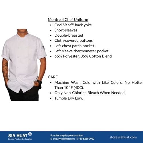 Chefworks Polycotton Short Sleeve Chef's Uniform Montreal, With Double Breasted Cloth-Covered Buttons XS