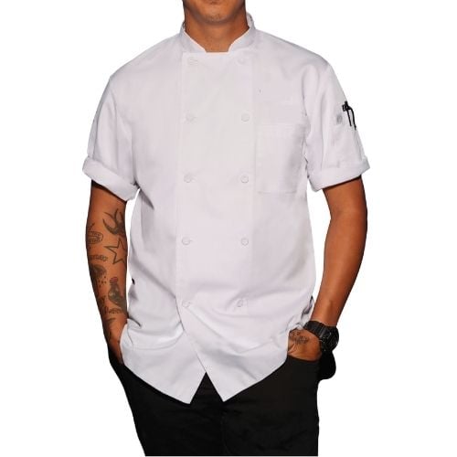 Chefworks Polycotton Short Sleeve Chef's Uniform Montreal, With Double Breasted Cloth-Covered Buttons XS