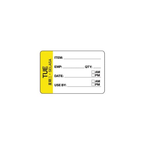 Rectangle Removable Food Rotation Label Tuesday L7.5xW5cm, 500Pcs/Roll, 24Rolls/Ctn