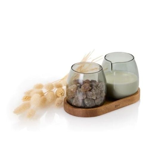 AdHoc Yuna Glass Milk & Sugar Set With Wooden Coaster L16xW8.5xH1.5cm, 2x230ml, Glass Grey