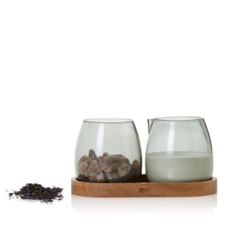 AdHoc Yuna Glass Milk & Sugar Set With Wooden Coaster L16xW8.5xH1.5cm, 2x230ml, Glass Grey