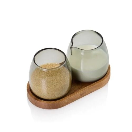 AdHoc Yuna Glass Milk & Sugar Set With Wooden Coaster L16xW8.5xH1.5cm, 2x230ml, Glass Grey