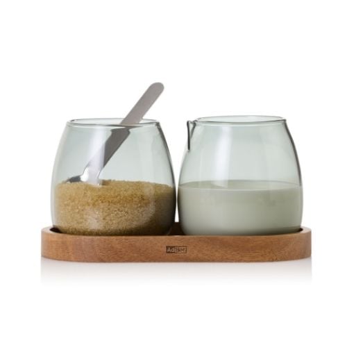 AdHoc Yuna Glass Milk & Sugar Set With Wooden Coaster L16xW8.5xH1.5cm, 2x230ml, Glass Grey
