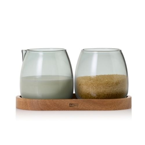 AdHoc Yuna Glass Milk & Sugar Set With Wooden Coaster L16xW8.5xH1.5cm, 2x230ml, Glass Grey