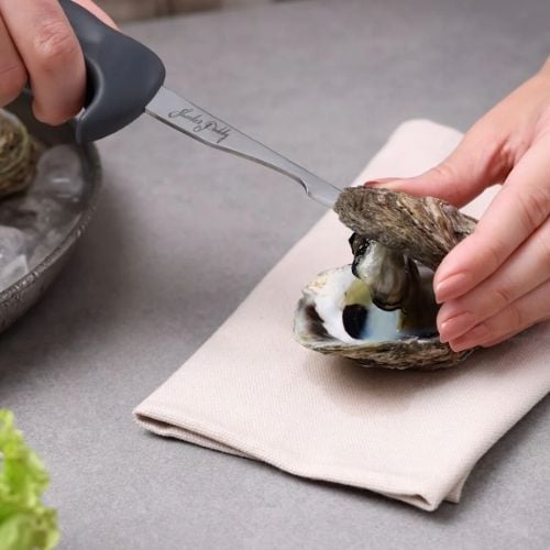 Zyliss Stainless Steel Tapered Blade Oyster Knife With Unique Ergo-Dynamic 135° Angle Handle And Integrated Finger Guard, Gray, Shucker Paddy