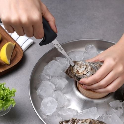Zyliss Stainless Steel Tapered Blade Oyster Knife With Unique Ergo-Dynamic 135° Angle Handle And Integrated Finger Guard, Gray, Shucker Paddy