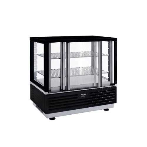 =FHA= Roller Grill Stainless Steel Self-Service Ventilated Refrigerated Display Showcase With 2-Levels Glass Shelves & Led Light & Double Glazing With Uk Plug L60xW40xH61cm, 60L, 50Hz/230V/163W, +2°C/+4°C, Black