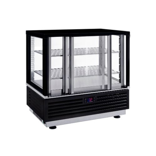 =FHA= Roller Grill Stainless Steel Ventilated Heated Display Showcase With 2- Levels Glass Shelves & Led Lights With Uk Plug L60xW40xH61cm, Shelf: 2X(L50.5xW30.5cm), Capacity: 2Xgn 1/1, 20-90°C, 50Hz/230V/1525Kw, BlacK