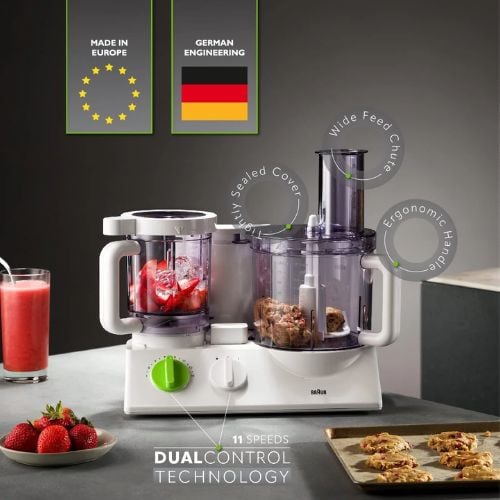 Braun Food Processor With Side By Side Bowl System, 2L & 0.75L, 800W, White/Green • 1 Year Warranty •